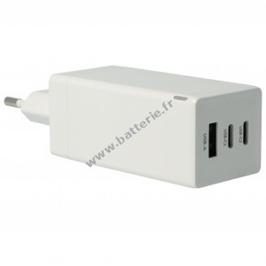 Chargeur PPS  3 ports USB-C Power Delivery avec 2x USB-C, 1x USB-A / Adapt er 65W GaN Blanc