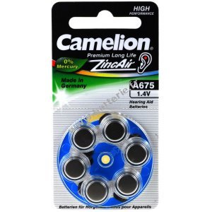 Camelion Pile pour appareil auditif A675 / AE675 / DA675 / PR1154 / PR44 / V675AT / ZL675 blister de 6