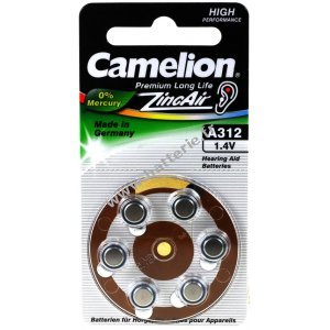 Camelion Pile pour appareil auditif 312AE / A312 / AE312 / DA312 / V312AT / PR736 / ZL312 blister de 6 pices